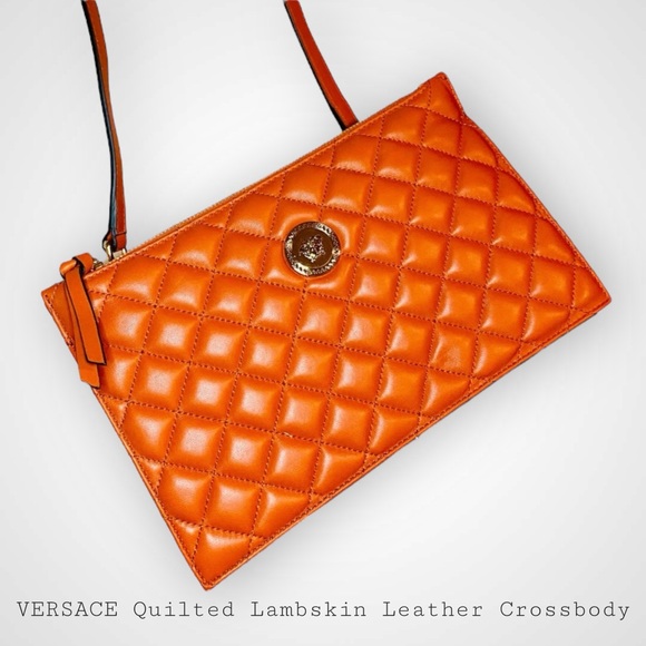 NWT! Versace Quilted Dark Orange Lambskin Leather Small Crossbody